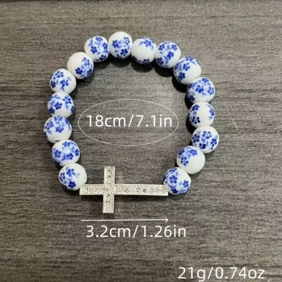 Cross blue and white stretch bracelet - Picture 10 of 10